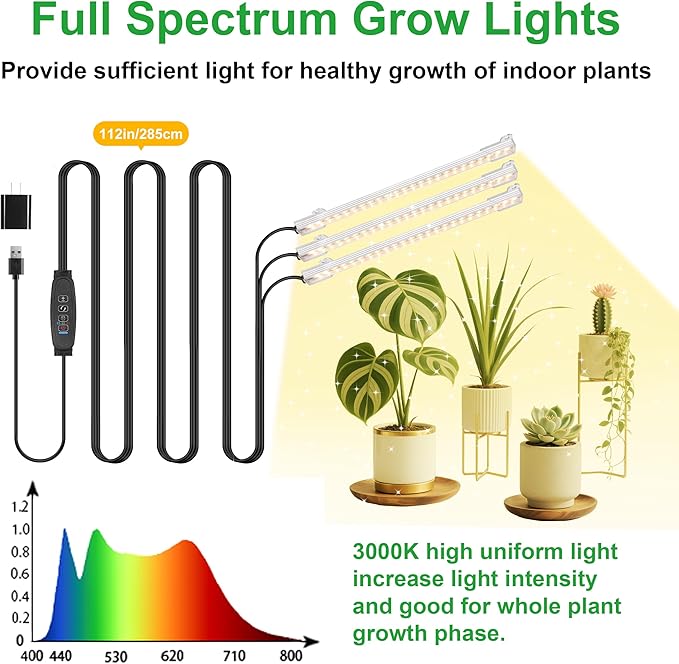 RWNTAO 3 Head 7.8 Inches LED Grow Light Strips, Grow Lamps for Indoor Plants Full Spectrum 3000K, 72 LEDs Plant Light Strips with 3/9/12H Timer, 10 Dimmable Levels for Seedling Succulent