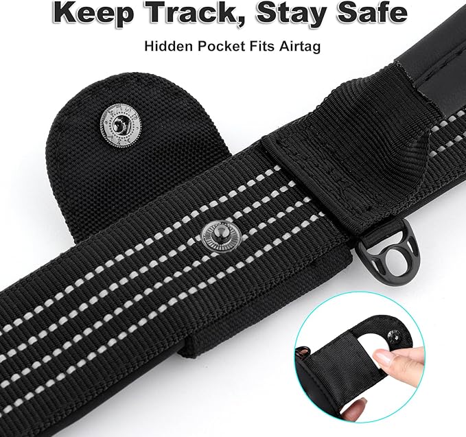 Plutus Pet Tactical Dog Collar with Tracker Pocket for AirTag, Adjustable Reflective Nylon Collar, Metal Buckle, Leather-Wrapped Handle, Soft Padded for Medium Large Dogs (Black, S)