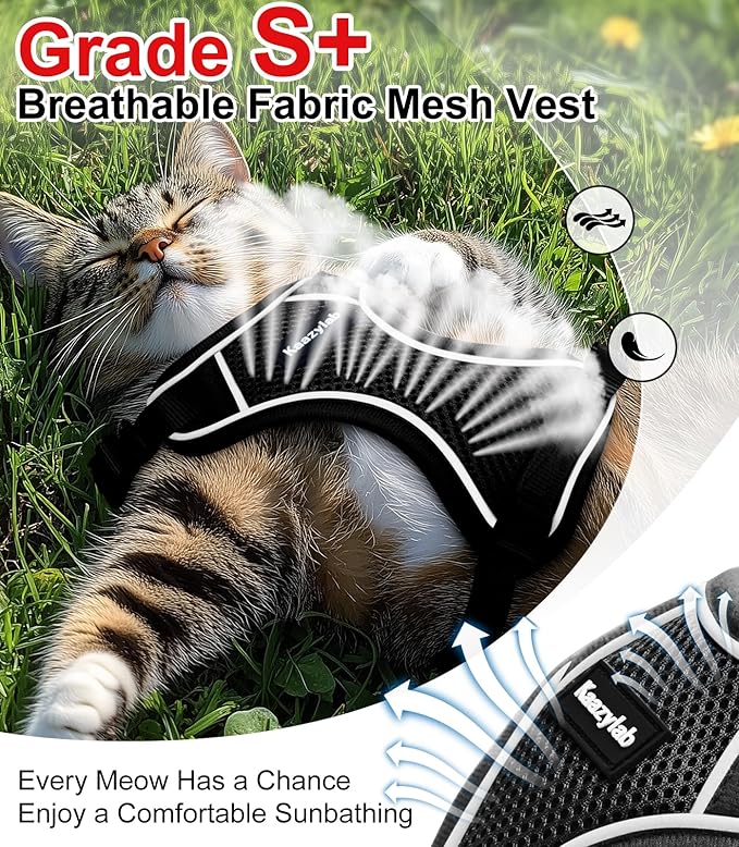 Cat Harness and Leash for Walking Escape Proof Soft Adjustable Cat Leash Breathable Comfortable Vest Easy to Wear Kitten Harness for Outdoor Travel (Black, S (7-12lb))