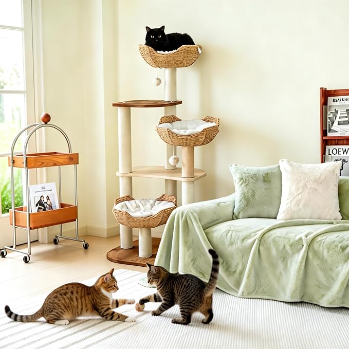 Cat Tree Tower, Modern Cat Tree with Hand-Woven Basket Nest, Sisal Posts, Extra Large 54 Inch Heavy-Duty Multi-Level Indoor Wood Tower