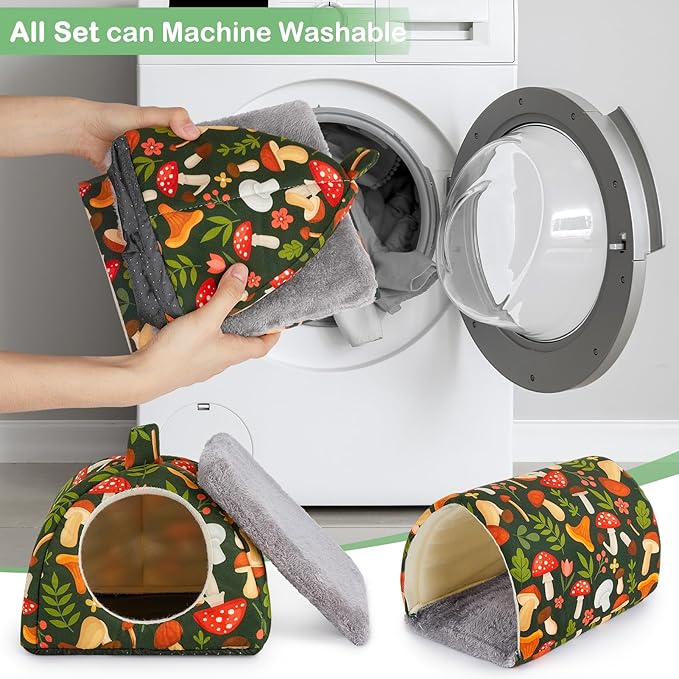 Bienbee Guinea Pig Hideout, Washable Guinea Pig Tunnel Set, 2 Pack Guinea Pigs Toys Guinea Pigs Cage Accessories for Small Animal Mouse Hamster Hedgehogs Rats, Green Mushroom