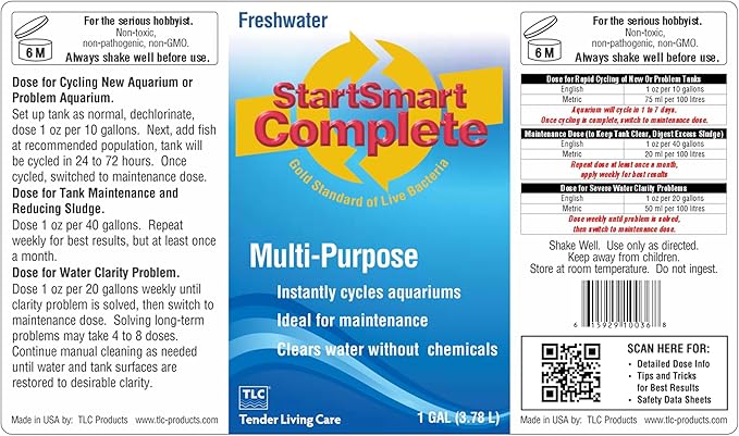 TLC Products StartSmart Complete Freshwater Aquarium Cycle Starter & Beneficial Nitrifiers, Supports Clear Water & Biofiltration, Reduces Excess Sludge, One Gallon (128 oz, 3.78 L)