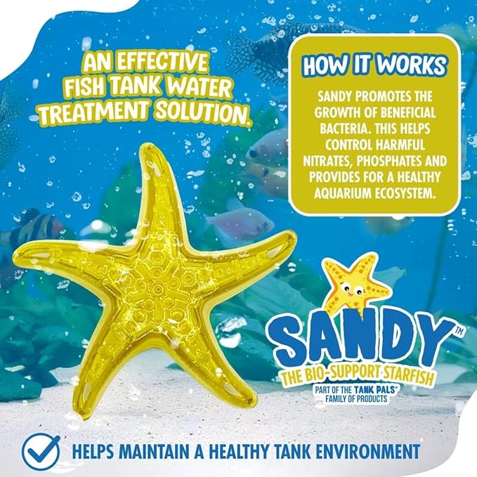 Sandy The Bio-Support Starfish - 6 Pack, Yellow- Promotes A Healthy Balanced Aquarium Ecosystem, Probiotic Growth, Tank Environment Control | Probiotic growth media for fresh & saltwater tanks – safe for fish, shrimp & plants – lasts up to 60 days