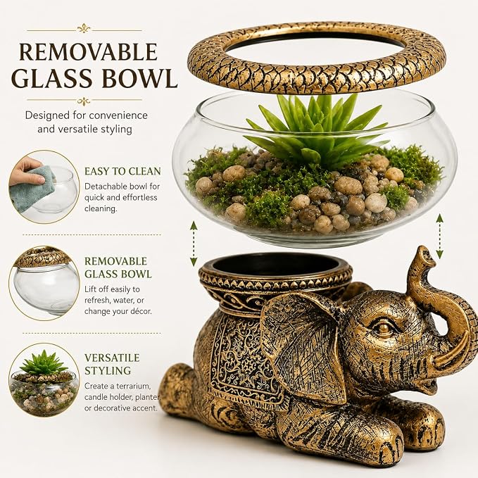 Good Luck Elephant Terrarium Bowl, Antique Gold | Elephant Figurine with Removable Glass Bowl, Succulent Planter, Candle Holder, Air Plant Display, Zen Home Décor Accent