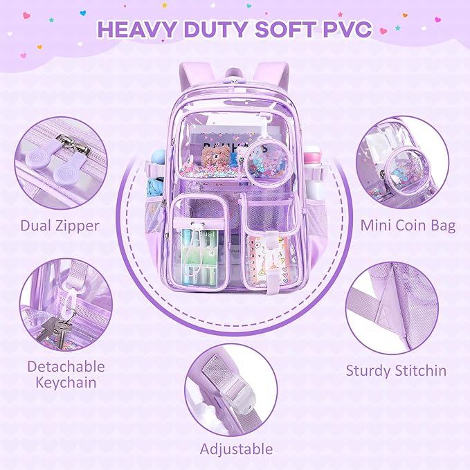 Clear Backpacks for Stadium Events Heavy Duty Clear Bookbag for School Girls Transparent Back Pack, Purple