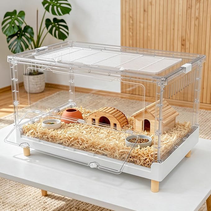 Larger Acrylic Transparent Hamster Cage - Small Animal Cage for Guinea Pig, Hedgehog,Dwarf Hamster, Rat,Mouse,Ferret, Sugar Glider and Bird,DIY Extendable & Stackable（27.5" Lx16.9 Wx15.4 H）