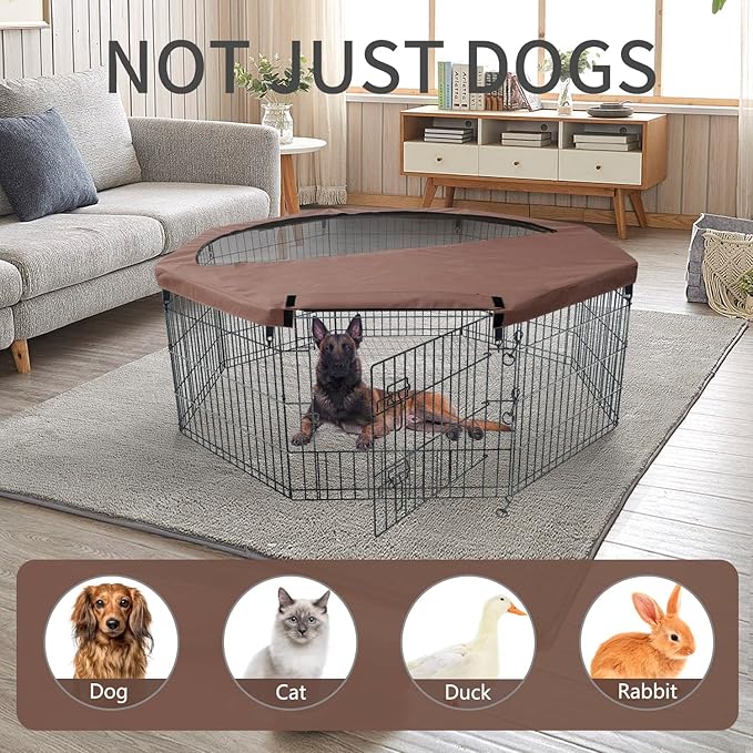 NEZUC Foldable Metal Dog Exercise Playpen Gate Fence Dog Crate 8 Panels 24 Inch Height Puppy Kennels with Top Cover/Bottom Pad for Animals Outdoor Indoor (Playpen+Top Cover, Brown, 36" H)
