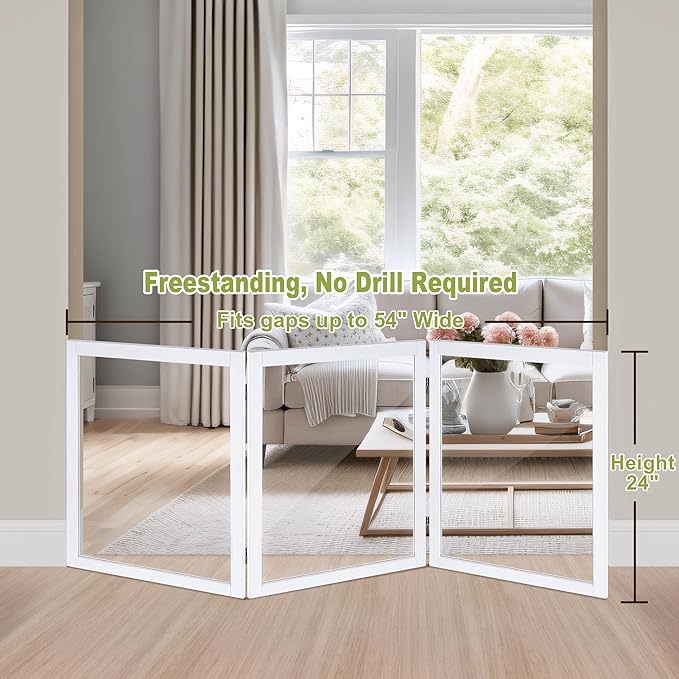 LZRS Clear Dog Gate for Indoor Use - Transparent Pet Fence with Solid Hardwood and Plastic Board, Stylish & Durable freestanding Pet Gate for Doorways, Stairs and Hallways, Off White