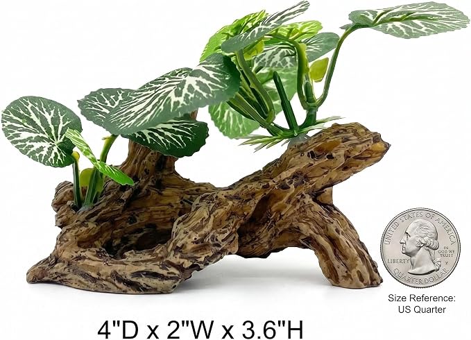 Aquarium Driftwood Decor 4 Inch - Resin Driftwood with Silk Plant Leaves, Fish Tank Decoration for Betta, African Dwarf Frog, Shrimp Hideout