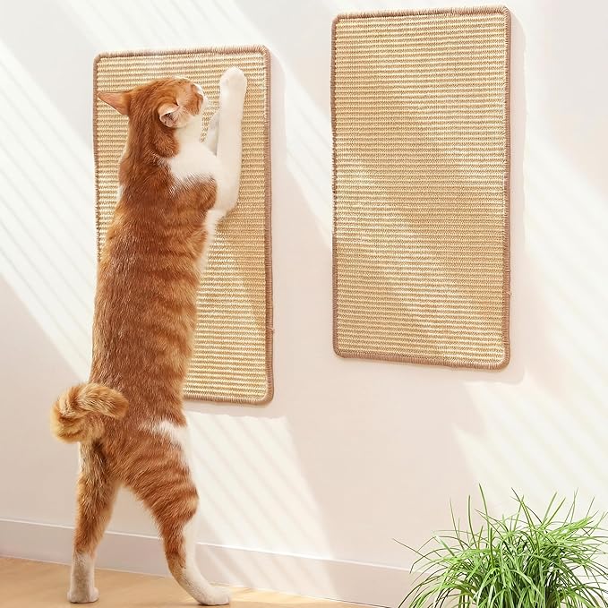 FUKUMARU 2 Packs Cat Scratching Mat, 19.6 x 11.8 Inch Natural Sisal Cat Scratch Pad Mats for Indoor Cats, Horizontal Cats Wall Scratcher Kitten Floor Rug with Sticky Tape, Furniture Protector