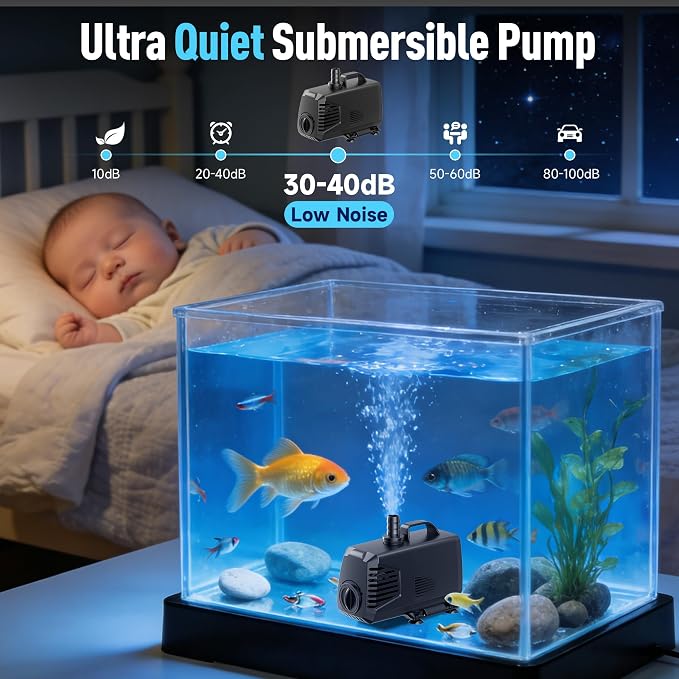 880GPH Submersible Water Pump, Water Fountain (85W 3200L/H) with 10.5FT High Lift Adjustable & 3 Nozzles & 16.4FT Cord, Ultra Quiet Aquarium Pump for Pond Fountain Waterfall Hydroponics-Q105