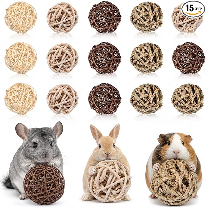 Skylety 15 Pieces Bunny Chew Balls for Rabbits, Small Animal Rolling Grass Toys and Treats for Guinea Pigs, Chinchillas, Hamsters, Mice, Teeth Grinding, Gnawing and Play(Classic Style,2.76")