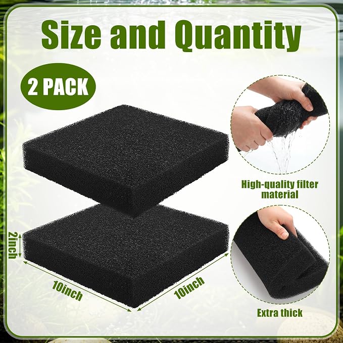 2 Pcs 10"x10"x2" Aquarium Bio Sponge Filter Pad Filter Media Foam Sponge Cut-to-Size Foam for Aquarium Fish Tank Pond