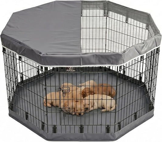 PJYuCien Dog Playpen with Top Cover and Bottom Pad - Metal Foldable Exercise Pen, 8 Panels 36" H x 24" W Indoor Outdoor Pet Fence Puppy Crate Kennel, Gray