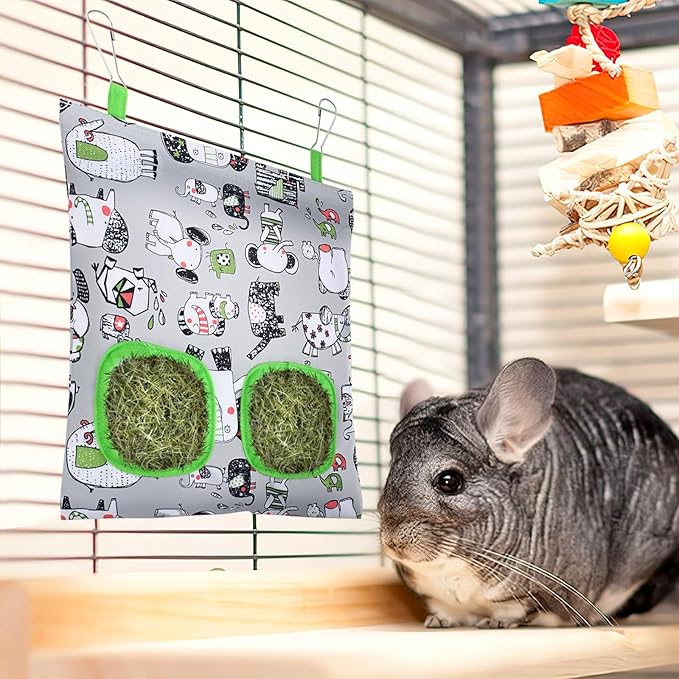 UPINS 3 Hay Bag for Rabbits - 2-Hole Hanging Hay Feeder for Guinea Pigs, Chinchillas, Hamsters & Small Pets (Dark Color)