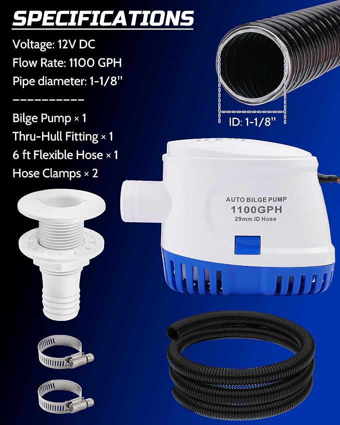 12V Automatic Boat Bilge Pump Kit, 1100GPH DC Marine Pump w/Float Switch | Submersible Water Removal Pump for Fishing Boat, Runabouts, Cruisers, 1-1/8" Outlet, Marine-Grade Hose & Thru-Hull Fitting