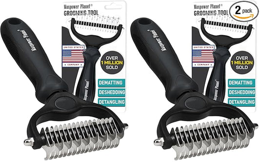 Maxpower Planet Hair Brush - Double Sided Shedding, Dematting Undercoat Rake for Dogs and Cats, Extra Wide Dog Grooming Brush, Reduce Shedding by 95%, Black (Pack of 2)