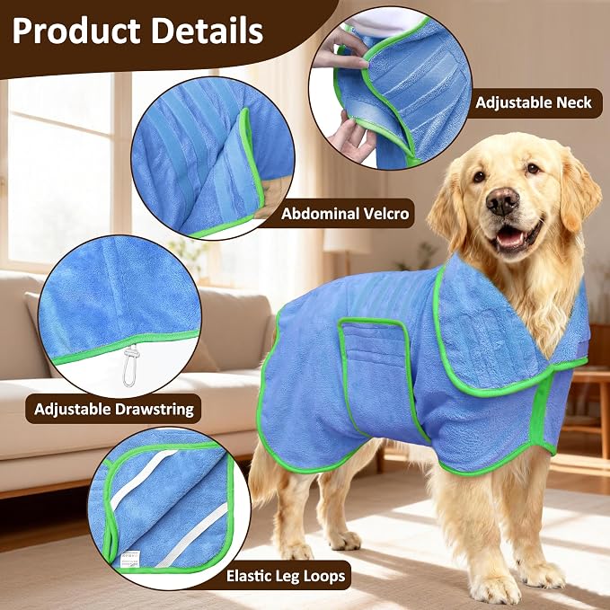 Soft Dog Bathrobe Fast Drying Dog Coat, Super Absorbent Dog Towels for After Bath, Microfiber Pet Robe Adjustable Collar & Belly Warm Keeping Dogs Coat for Pet Dogs & Cats (Blue, Small)