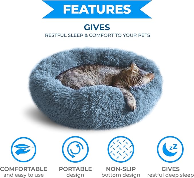 Whiskers & Friends Cat Beds for Indoor Cats, Fluffy Calming Donut Cat Bed, Small Dog Bed Washable - Orthopedic Soft Plush Pet Beds Sized for Kitten to Large Cats & Puppy to Small Dogs - Navy Grey C