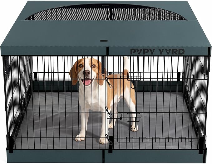 Dog Playpen with Top Cover and Bottom Pad - Foldable Metal Puppy Play Pen,24x30in 8 Panels Dog Playpen with Door for Indoor Outdoor,Heavy-Duty Pet Exercise Fence for Small Medium Animals