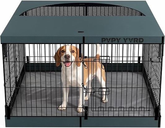 Dog Playpen with Top Cover and Bottom Pad - Foldable Metal Puppy Play Pen,24x30in 8 Panels Dog Playpen with Door for Indoor Outdoor,Heavy-Duty Pet Exercise Fence for Small Medium Animals