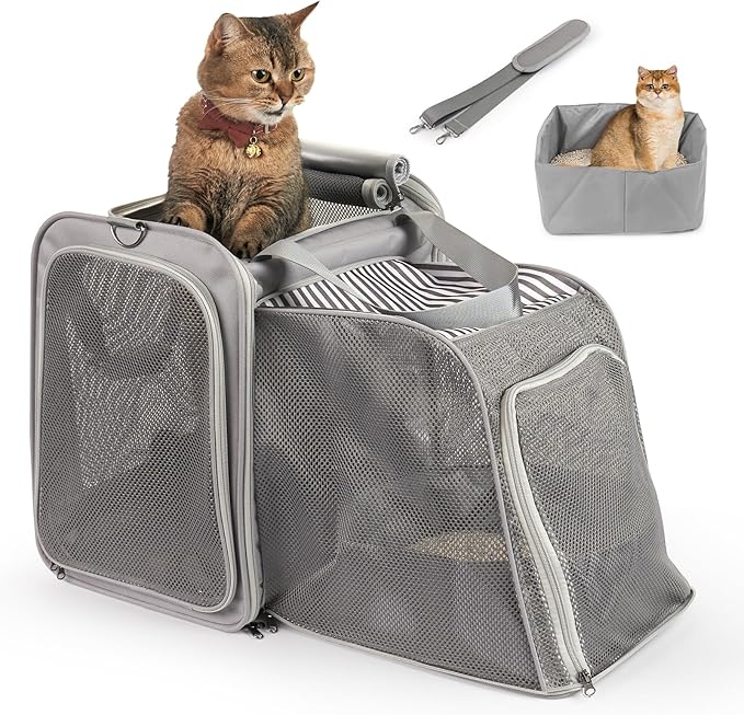 Expandable Cat Carrier with Portable Litter Box, Soft-Sided Pet Travel Carrier for Large Cats up to 20 lbs, Foldable Car Seat Crate for Long Distance Road Trips, Light Gray