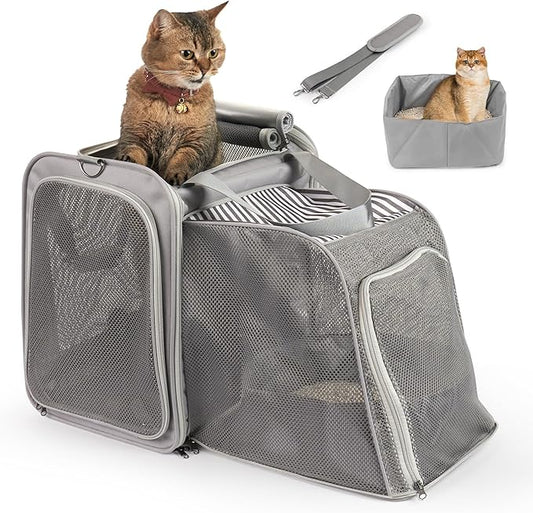 Expandable Cat Carrier with Portable Litter Box, Soft-Sided Pet Travel Carrier for Large Cats up to 20 lbs, Foldable Car Seat Crate for Long Distance Road Trips, Light Gray
