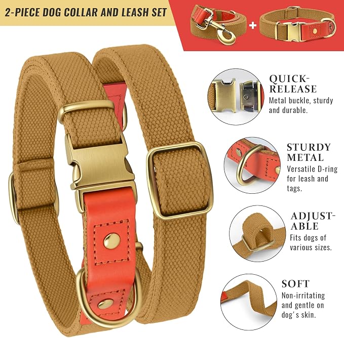 Nylon Dog Leash and Collar Set with Metal Quick Release Buckle, Adjustable, Durable High-Density Fabric, Breathable, Soft and Comfortable, No Pull for Walking and Training, Khaki, XL (16.9"-26")