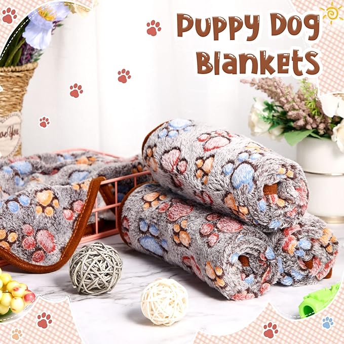 Tatuo 4 Pack Fleece Dog Blankets for Puppy Cats Multi-Size Sleep Mat for Pet Guinea Pig Soft Washable Warm Crate Bed Puppy Teething Toys Print Pattern Blanket Indoor(Black,24 x 16 Inch,Paw)