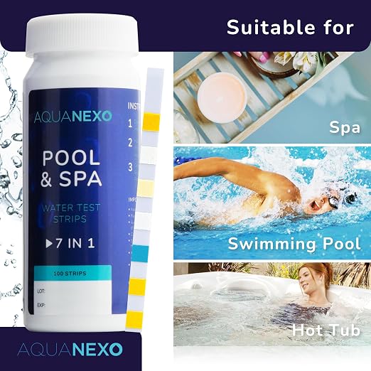 7 in 1 Pool & Spa Test Strips - 100 Strip Water Testing Kit for Swimming Pool, Hot Tub & Spa - Tests Free & Total Chlorine, Bromine, pH, Alkalinity, Hardness, Cyanuric Acid
