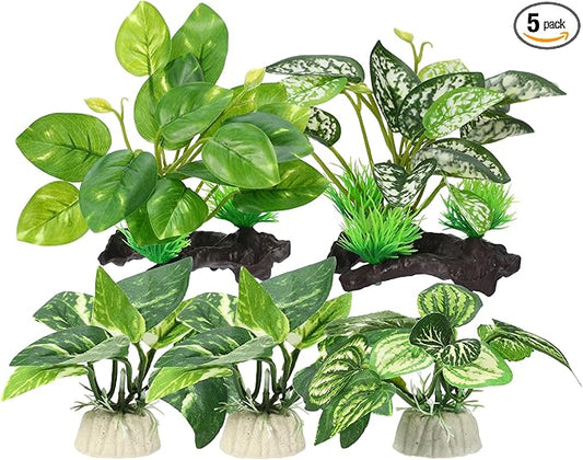 Aquarium Plastic Plants, Driftwood Betta Silk Plants, Silk Plants Aquarium Set Decor, Silk Aquarium Plants for Betta Fish (Green, 5pcs)
