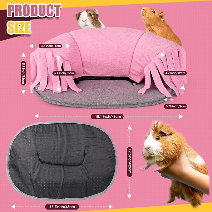 Guinea Pig Tunnel, 2-Way Tunnel for Guinea Pig, Hamster and Other Small Pets, Zip Design for Use and Storage, Pure Pink and Grey