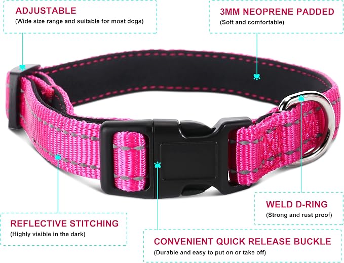 Soft Neoprene Padded Dog Collar and Leash Set for Small Medium Large Dogs, Reflective Durable Nylon Dog Collar with 5ft Leash Easy for Walking, Hot Pink,Neck fit 14.0-23.5’’