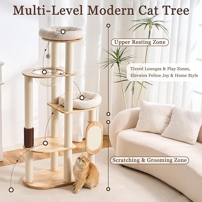 Modern Cat Tree Tower with Scratching Post for Indoor, Solid Wood Multifunctional Cat Tree Tower with Soft Bed, Space Capsule, Sisal Scratching Board, Grooming Post, Dangling Ball