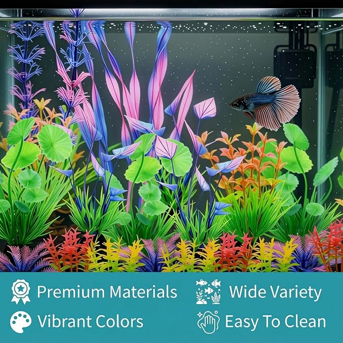 Aquarium Decorations Plants - 24pcs Colorful Artificial Aquariums Plant Decorations Plastic Aquatic Accessories Kit for Fish Tank Decor Betta Goldfish Turtle