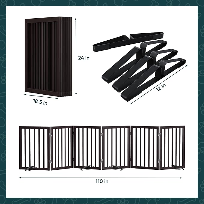 Semiocthome Bamboo Dog Gates for The House Extra Wide, 6-Panel Freestanding Pet Gates with 4PCS Metal Stands for Doorways and Stairs, 24“H Foldable Dog Fences Indoor, Expands Up to 110" (W) Espresso