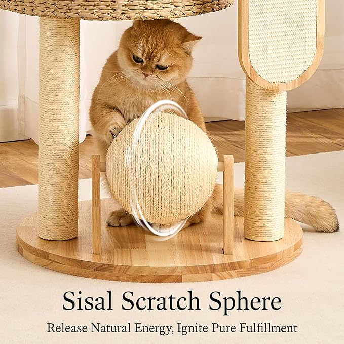 797Audio Wood Modern Cat Tree for Large Cat, 47" Tall Cat Tower with Scratching Posts, Cat Beds, Aesthetic Multi-Level Cat Climbing Tree with Hand-Woven Bed for Adult Indoor Cats