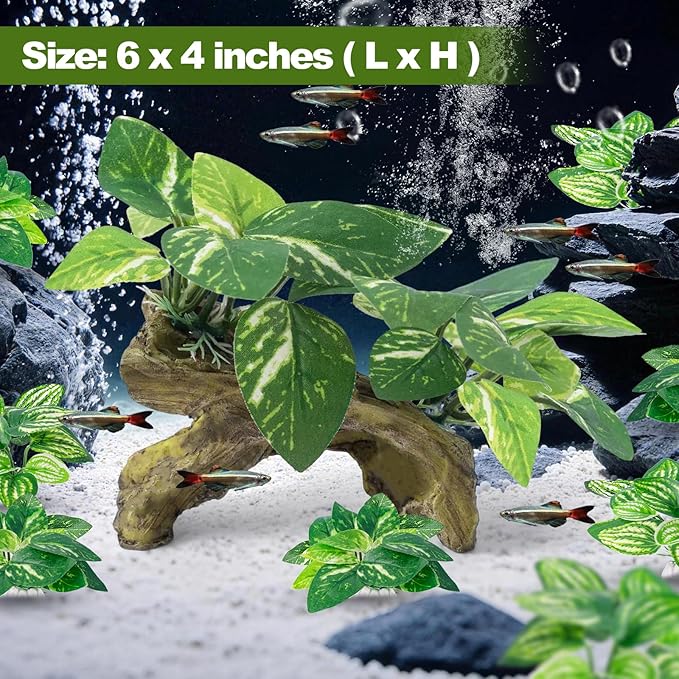 CousDUoBe 9 Pcs Fish Tank Decor，Silk Aquarium Plants Green Silk Leaf pad Hammock Artifical Driftwood cave Betta Fish Tank Accessories 6 x 3 x 4 inches(LxWxH)