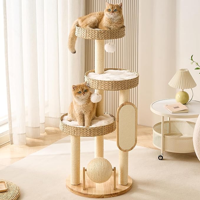 Modern Cat Tree Small Tower with Scratching Post for Indoor, Solid Wood Multifunctional Corner Cat Tree Tower with Bed