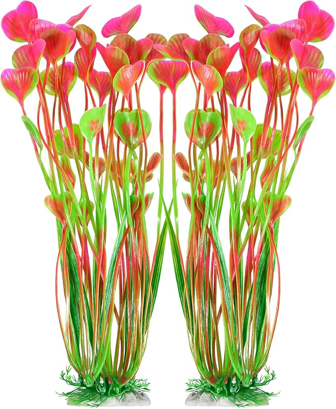 AQUANEAT Artificial Fish Tank Plants, Plastic Aquarium Accessories Large, 15.5 inch Pink Decorations, 2pcs