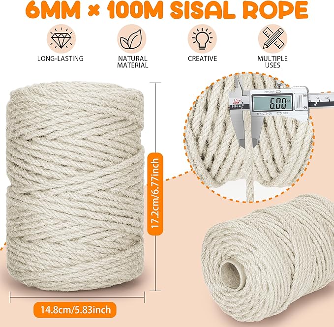 328FT/100M Cat Scratching Sisal Rope, 6mm 1/4 inch Thick Natural Jute Rope for Scratch Posts, Cat Trees, DIY Projects, Sisal Rope for Cat Scratcher with 2 Cat Mouse Toys (White, 328ft)