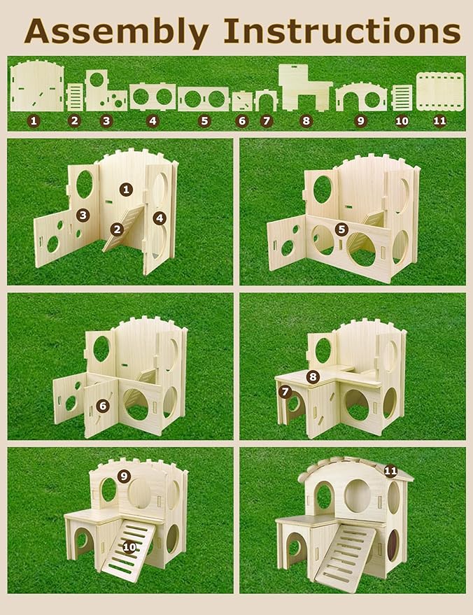 Hamster Hideout Cage Accessories - Hamster House and Habitat Wooden Hide Hut with Climbing Ladder and Platform for Dwarf Gerbils and Mouse Mice Rat Other Small Animals etc.