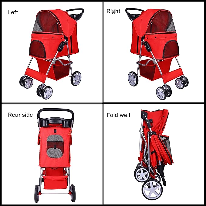 Elevon Pet Stroller, 4 Wheels Multifunction Dog Cat Stroller, Folding Portable Travel Stroller with Detachable Carrier, Suitable for Medium Small Dogs Cats, Red