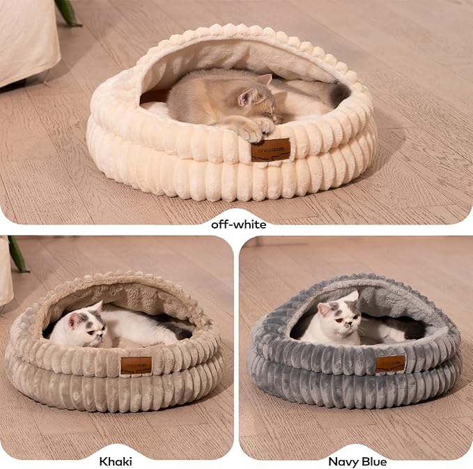 CHEERPALS Cat Cave Bed for Indoor Cats, Washable Covered Cat Bed Hooded Kitty Bed Soft Fluffy Pet Bed for Puppy and Small Dog(Dark Blue)