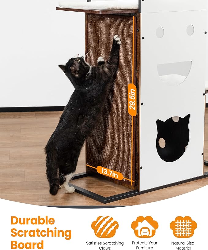 Wood Cat Tree Tower, 84 Inch Modern Extra Tall Cat Condo Trees for Indoor Cats Large Adult, XL Multi-Level Heavy Duty Wooden Sturdy Cat House Furniture with Platform Perch Bed Scratching Post