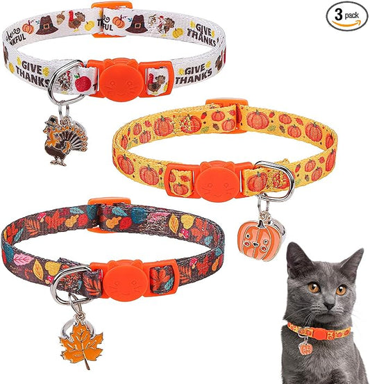 SCENEREAL Fall Thanksgiving Cat Collar Breakaway Girl Boy, Safety Buckle Soft Adjustable Cats Collars with Bells for Daily Wearing, Holiday Kitten Puppy Personalised Collars for Dogs