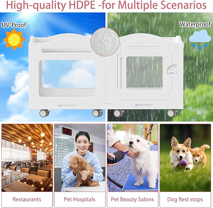 Acrylic Indoor Dog Playpen, Whelping Box with Pet Stroller, Puppy Playpen for Small Medium Pets, Cat Rabbit & Puppies, 6-Panel with Bottom Panel, 8 Wheels, Safe, Sturdy, White