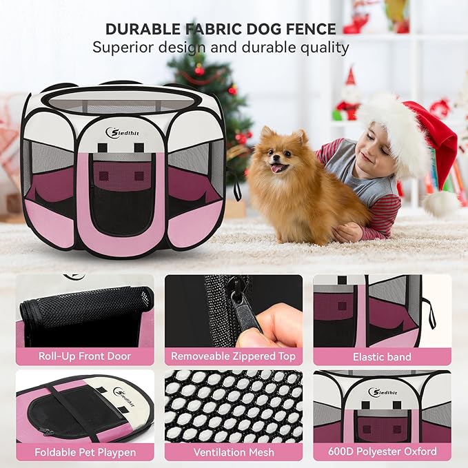 Siedihit Pink Puppy Playpen for Middle Dog Cat, Dog Tent Crates Cage Indoor/Outdoor, Portable Pop Up Dog Kennel with Carrying Bag for Rabbits, (Pink, Medium)