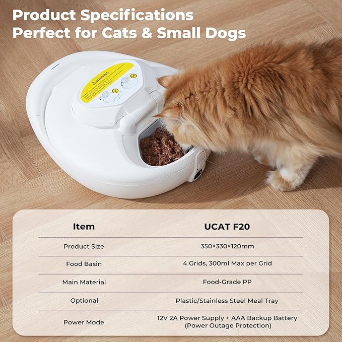UBPET Smart Automatic Cat Feeder with Cooling & Heating, APP Control Dual-Temp Feeder for Wet/Dry/Raw Food, 24H Freshness, 4-Grid Tray, Anti-Pinch for Cats & Small Dogs (2-10kg)
