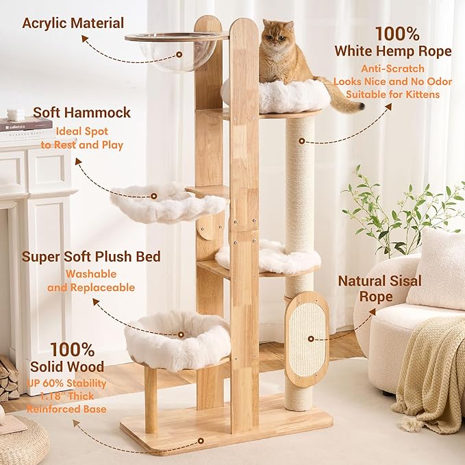 HITTITE Solid Wood Cat Tree Tower with Scratching Post, 64 Inches Tall Cat Towers with Scratching Board, Modern Cat Tower with Space Capsule and Removable Top Bed for Indoor Cats